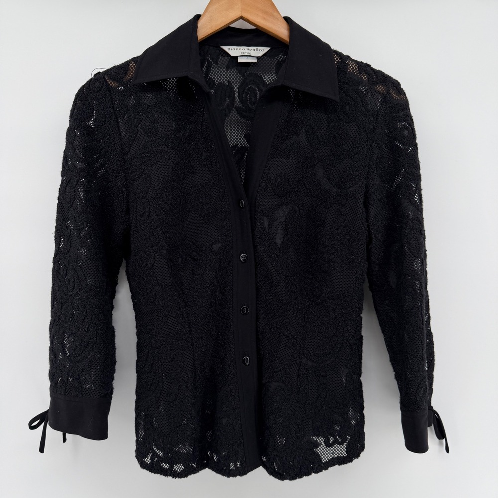 Bianca Nygard Petite Black Floral Lace Mesh Button Up Blouse Tie Cuff Sz 4 VTG